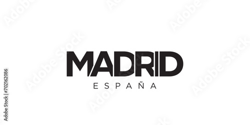 Madrid in the Spain emblem. The design features a geometric style, vector illustration with bold typography in a modern font. The graphic slogan lettering.