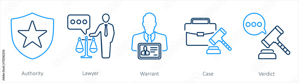 A set of 5 Justice icons as authority, lawyer, warrant A set of 5 Justice icons as authority, lawyer, warrant