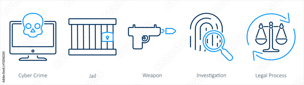 A set of 5 Justice icons as cyber crime, jail, weapon A set of 5 Justice icons as cyber crime, jail, weapon
