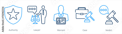 A set of 5 Justice icons as authority, lawyer, warrant