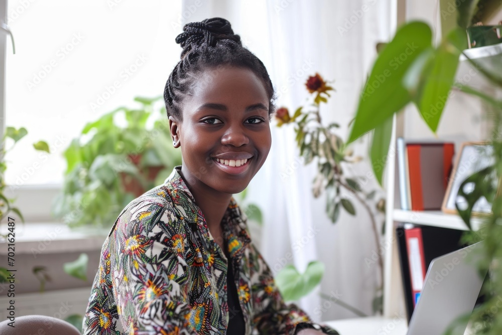 Teenage african woman sitting in white office with laptop, smile, look at camera she is a student studying online with laptop at home, university student studying online, online web education concept Teenage african woman sitting in white office with laptop, smile, look at camera she is a student studying online with laptop at home, university student studying online, online web education concept
