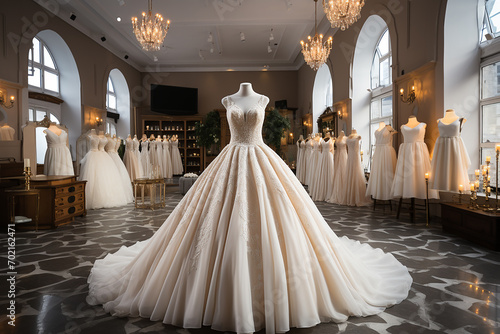 Generative AI - A beautiful wedding dress in a wedding salon photo