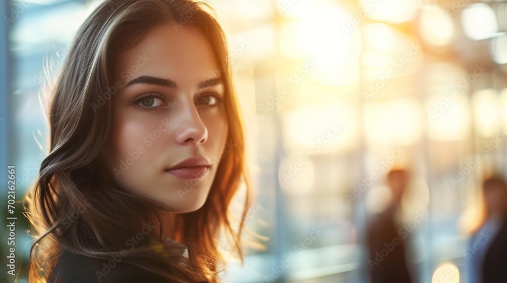 Fototapeta premium Face of a lovely woman against a business background