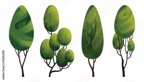 Green abstract trees set. Forest, garden, or park landscape plants. Collection of spring or summer vegetation vector illustrations. Cartoon plants collection for banners, cards, covers and web design.