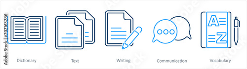 A set of 5 Language icons as dictionary, text, writing