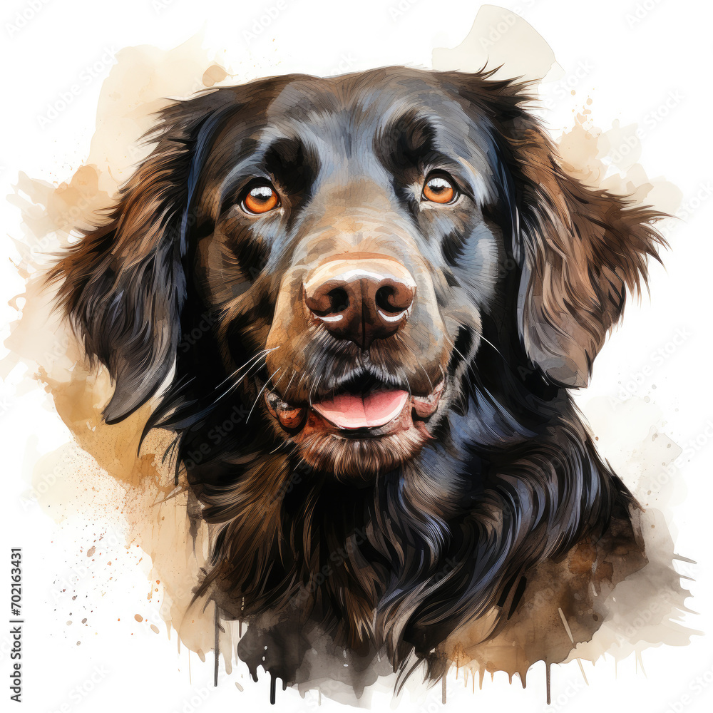 watercolor Flat-coated Retriever clipart, Generative Ai