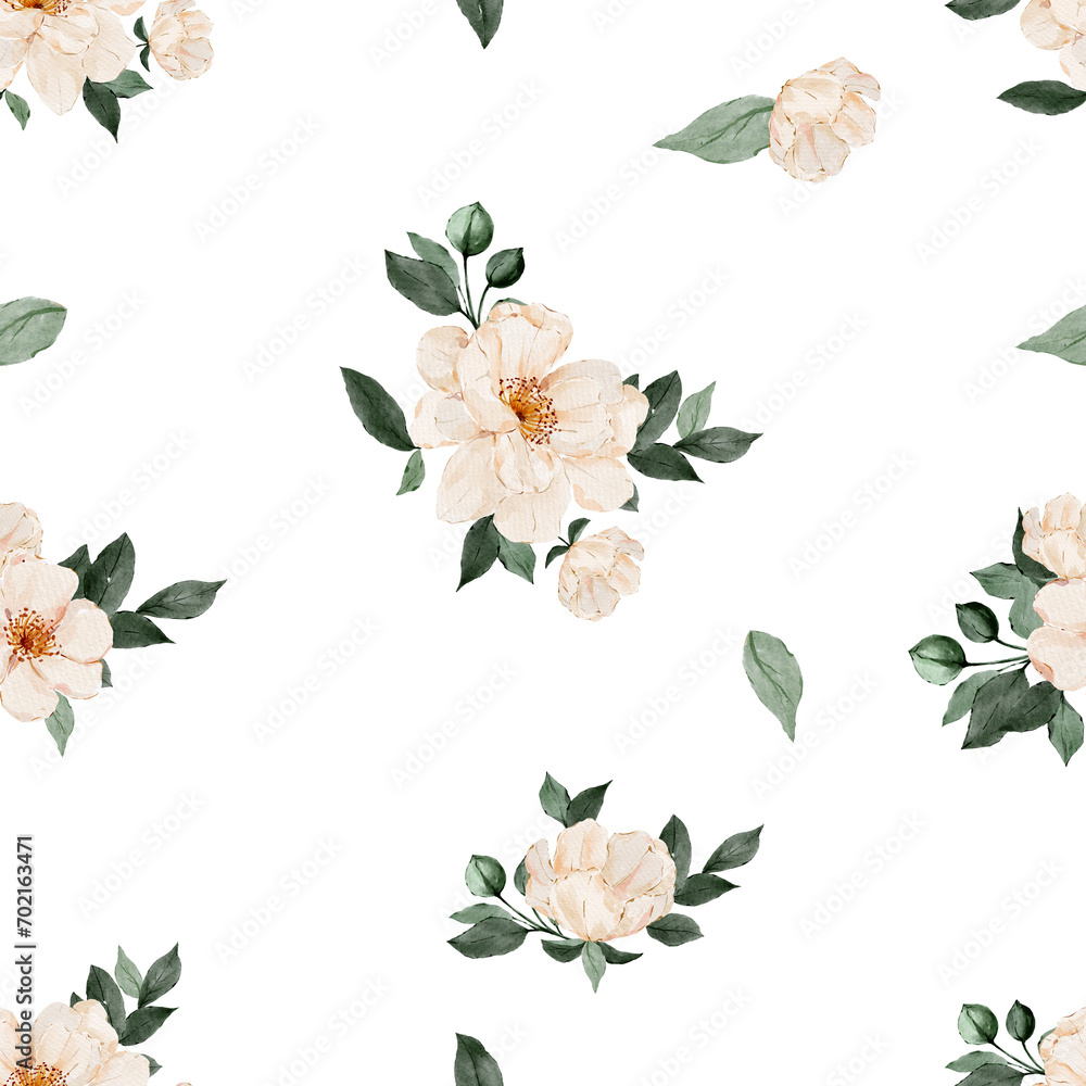 Watercolor seamless pattern with white flower and green leaves. Wedding stationary, greetings, wallpapers, fashion.
