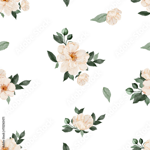 Watercolor seamless pattern with white flower and green leaves. Wedding stationary, greetings, wallpapers, fashion. © jenteva