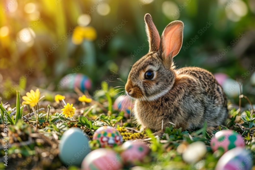 Rabbit with Colourful Eggs on Easter Morning.
Morning view of a rabbit with colourful Easter eggs in a meadow.