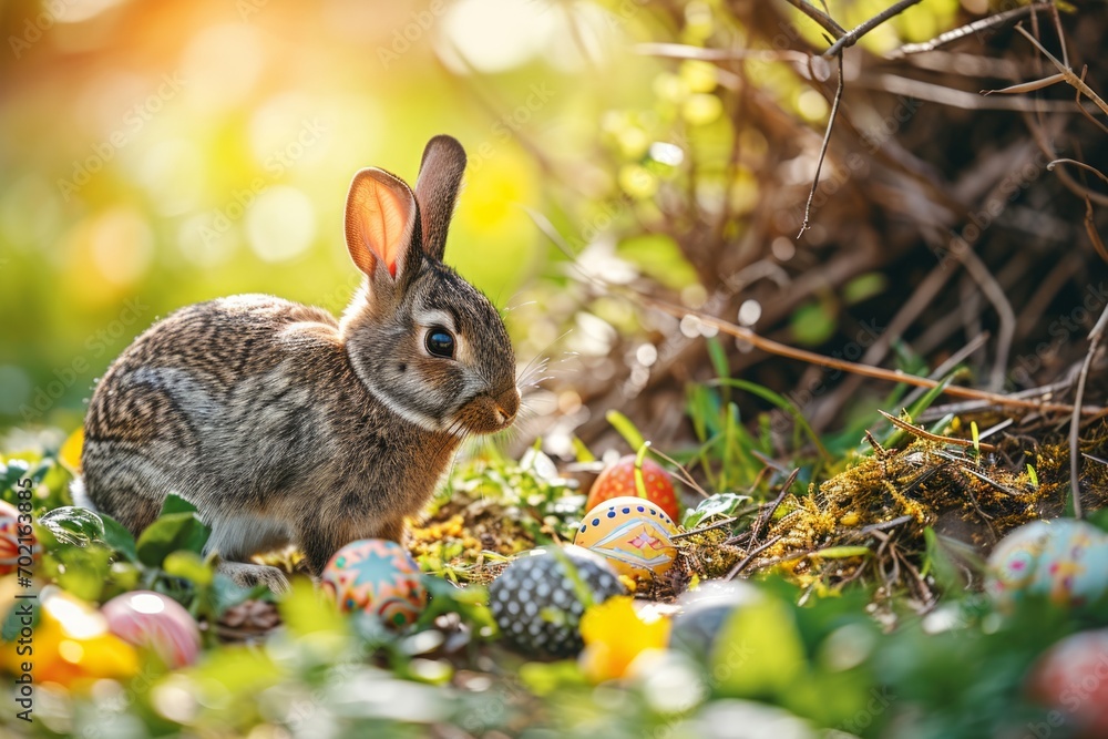 Fototapeta premium Easter Bunny Amongst Colourful Eggs in Sunlit Garden. A rabbit sits amidst Easter eggs in a vibrant garden.