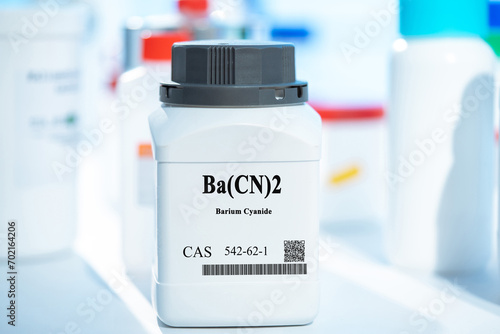 Ba(CN)2 barium cyanide CAS 542-62-1 chemical substance in white plastic laboratory packaging photo