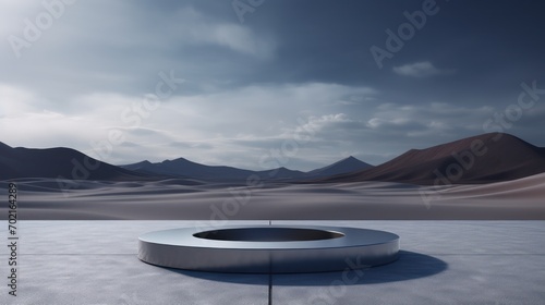 Minimalistic dramatic desert landscape  podium in the center.
