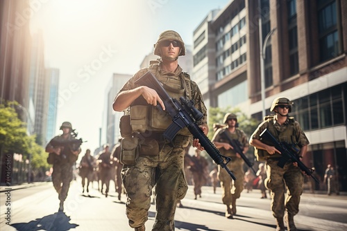 modern american soldiers marching in uniform with weapon outdoors on streets of city