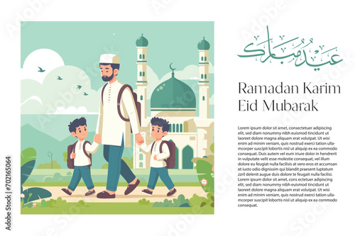 man get back from mosque with two sons for ramadan and eid mubarak theme illustration (ID: 702165064)