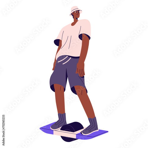 Happy guy in panama hat rides on hoverboard. Young man skates on self balancing board with one wheel. Urban eco transport, electric vehicle for walking. Flat isolated vector illustration on white