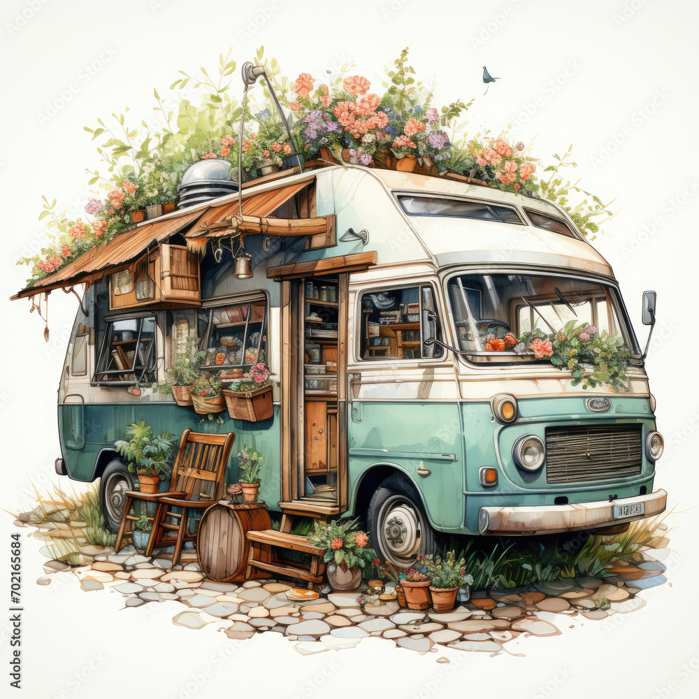 watercolor Flower Market On Camper Van clipart, Generative Ai