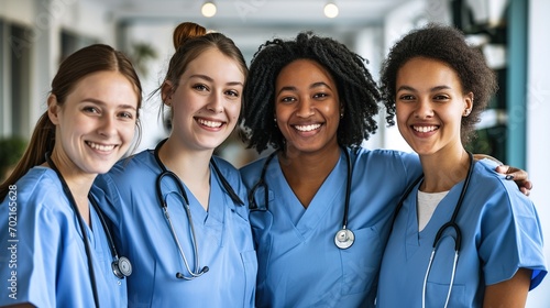 Group of young smiling nurses on white background photo