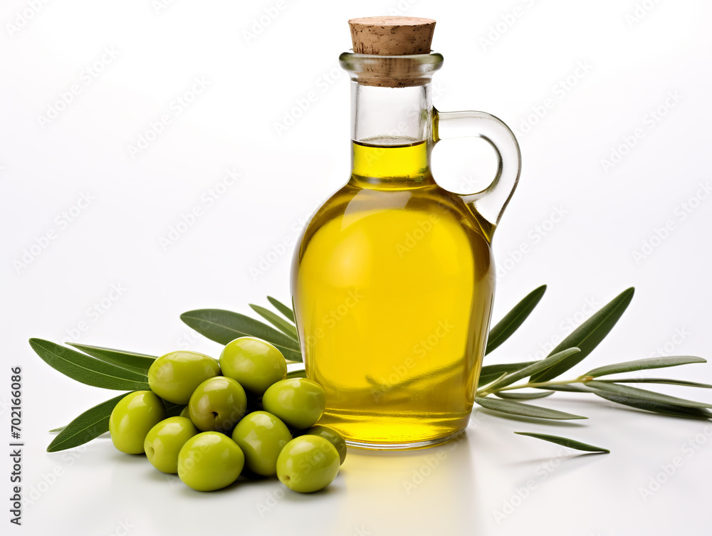 Bottle of fresh extra virgin olive oil and green olives with leaves isolated on white background