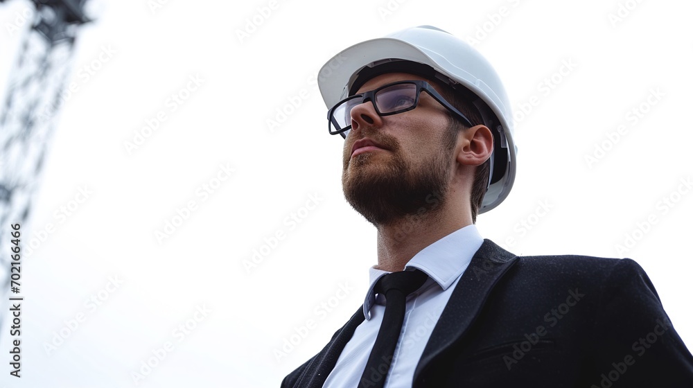 Handsome businessman engineer in hard hat in a building a white background Handsome businessman engineer in hard hat in a building a white background