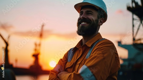 Handsome bearded man wearing worker uniform and hard hat happy face smiling with crossed arms looking at the camera. Achievement career sunset background