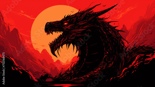 Silhouette of dragon on red background.