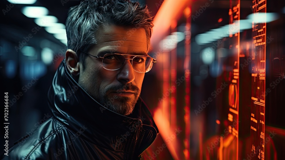 Man with glasses in server room, portrait of cybersecurity vigilance - obrazy, fototapety, plakaty 