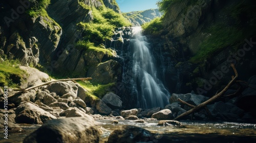 waterfall with mountains photo