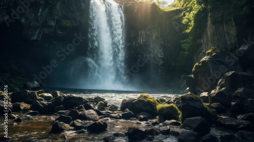waterfall with mountains photo