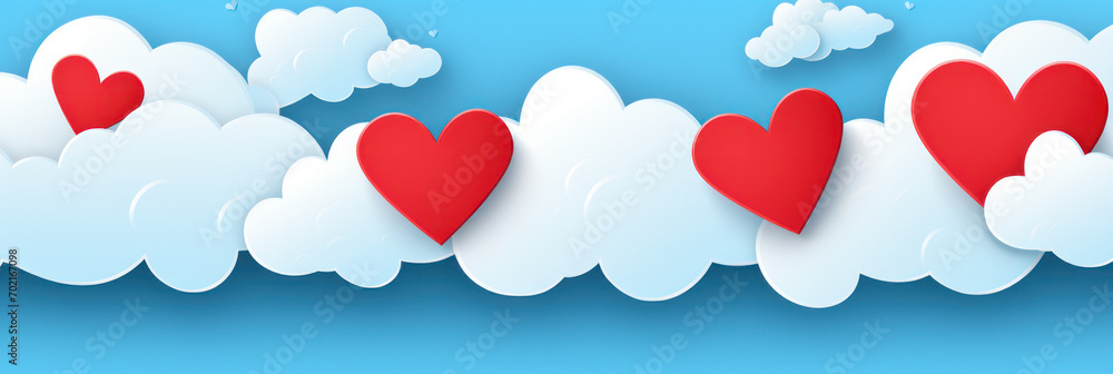 Horizontal banner with blue sky and paper cut clouds. Place for text. Happy Valentine's day sale header or voucher template with hearts Horizontal banner with blue sky and paper cut clouds. Place for text. Happy Valentine's day sale header or voucher template with hearts