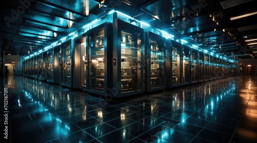 Network of power  Luminous server racks in high-security digital hub