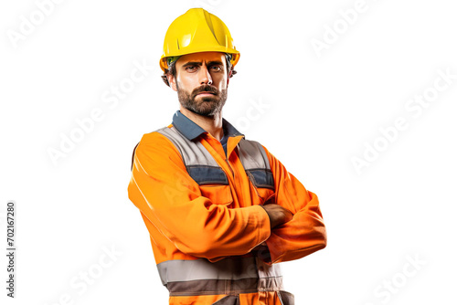 Close-up of a stern male road worker in a uniform, helmet, special clothing, white background isolate.