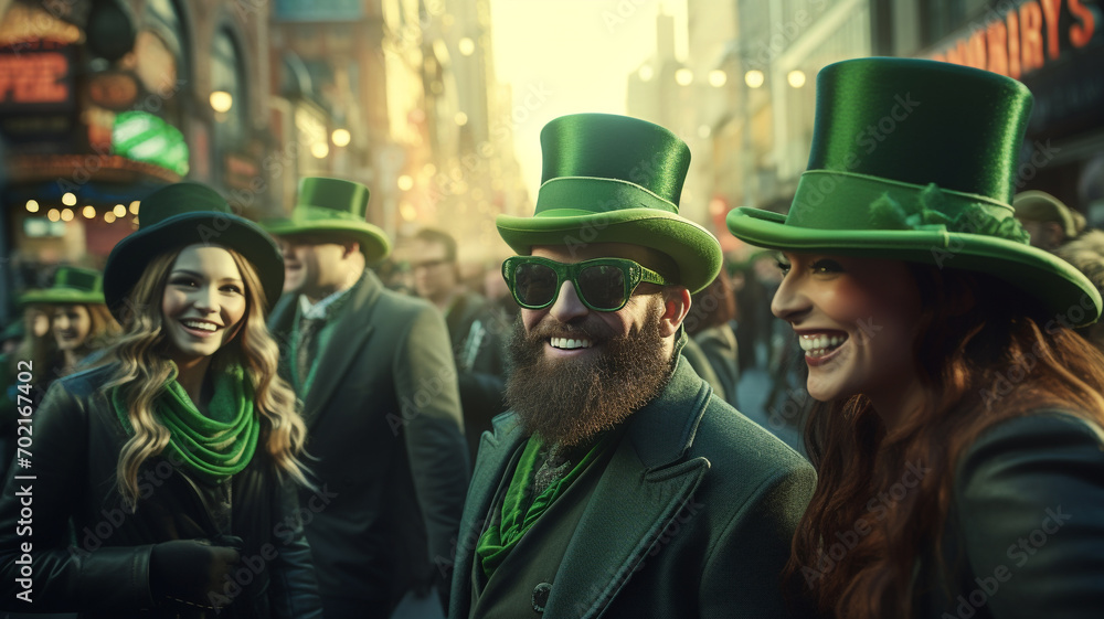 Happy people wear green clothes and green hats. celebrate Saint Patrick's Day
