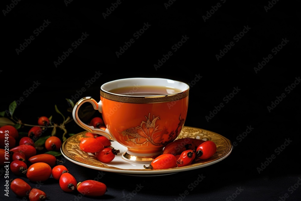 cup of tea with several rose hips around the cup cup of tea with several rose hips around the cup