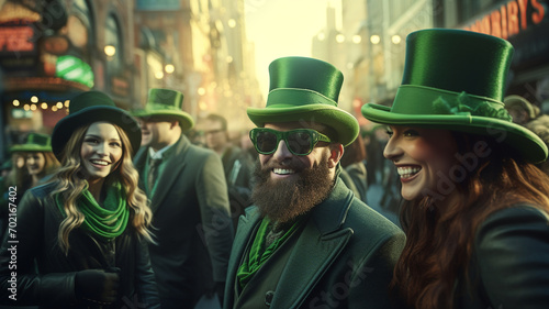 Happy people wear green clothes and green hats. celebrate Saint Patrick's Day photo