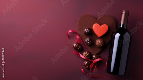 Bottle of red wine on colored background for Valentine Day with gift and chocolate