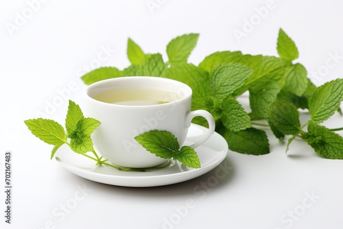 cup of tea with mint leaves around the cup 