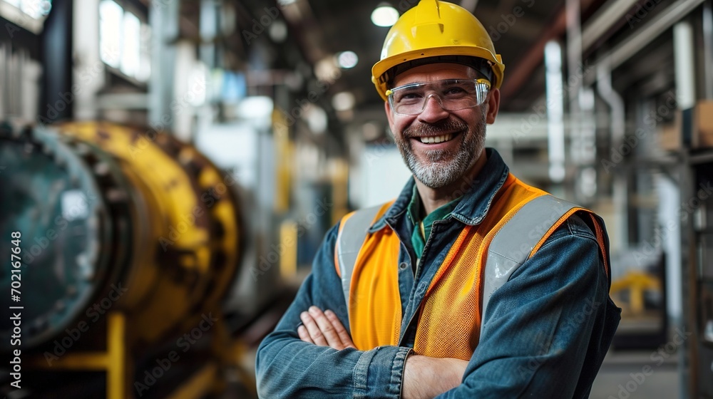 Portrait of a happy caucasian white male manufacturing worker or engineer, a senior professional engineer or foreman in the workplace - obrazy, fototapety, plakaty 