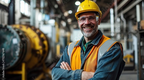 Portrait of a happy caucasian white male manufacturing worker or engineer, a senior professional engineer or foreman in the workplace photo