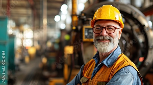 Happy caucasian white male factory worker or engineer portrait, a senior professional engineer or foreman portrait in factory