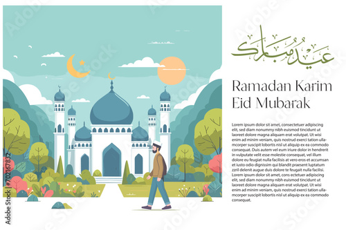 Man go to mosque in ramadan day and eid mubarak illustration (ID: 702167832)