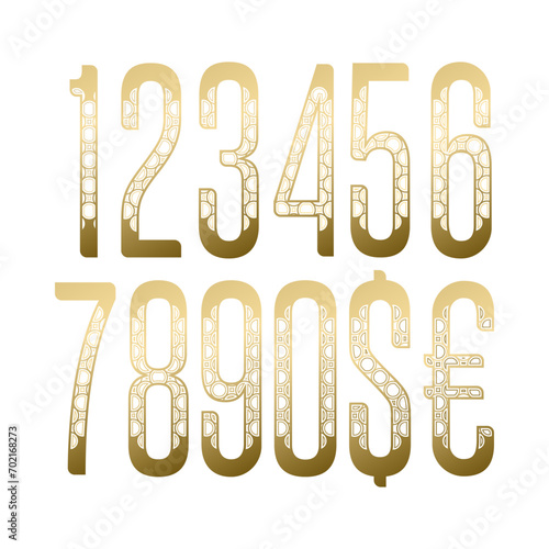 Golden gradient numbers and currency signs witn exotic pattern. Typography style for price tag design.