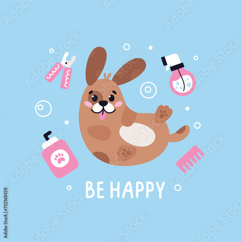 Dog pet grooming. Caring about pet. Dog washing and barber service. Flat vector illustration. Be happy