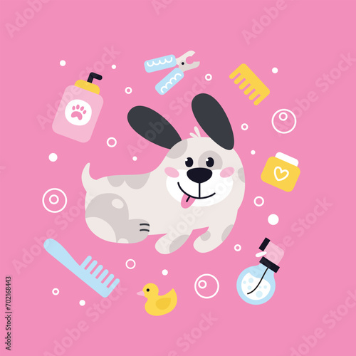 Dog pet grooming. Caring about pet. Dog washing and barber service. Flat vector illustration