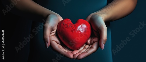 red heart shape on woman hands, idea for medical heart health care theme banner background, Generative Ai