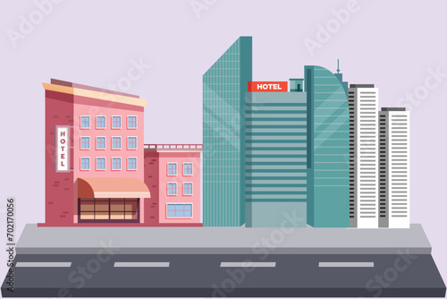 Shopping mall and hotels concept. Colored flat vector illustration isolated.