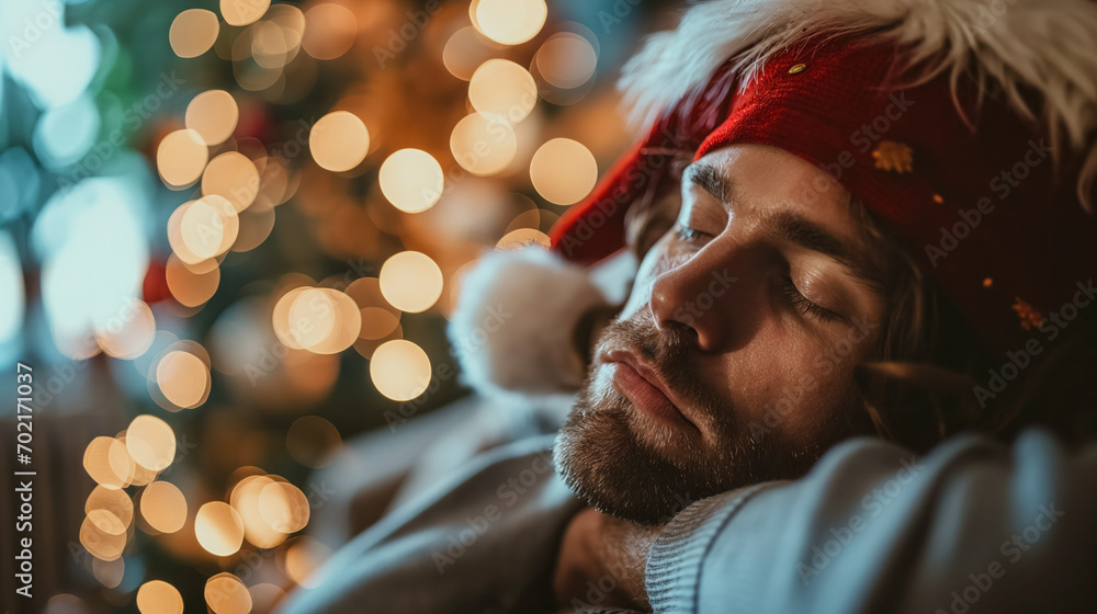 Man napping in festive hat, bokeh lights. Man napping in festive hat, bokeh lights.