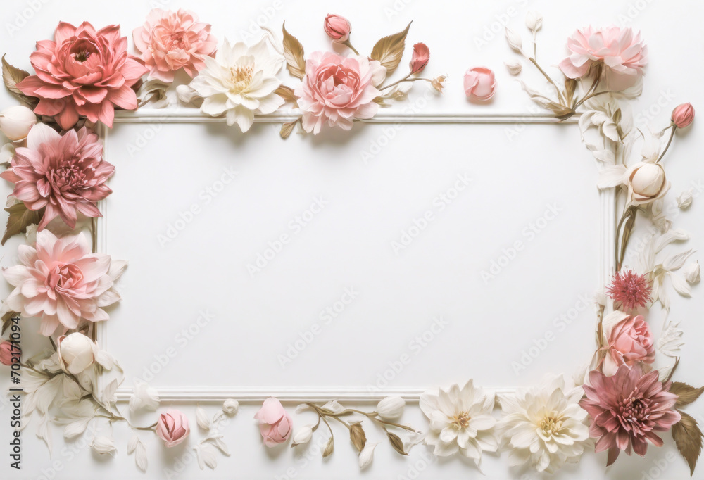 FRAME WITH FLOWERS, WHITE BACKGROUND.