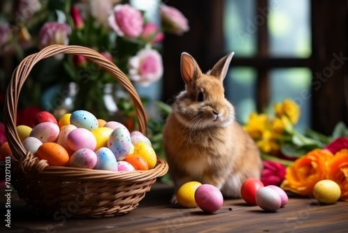 Bunny with Easter Egg Basket and Spring Blooms.
A bunny beside an Easter egg basket indoors.