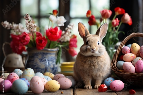 Rabbit with Easter Eggs and Floral Arrangement. Bunny with Easter eggs and flowers on wooden table.