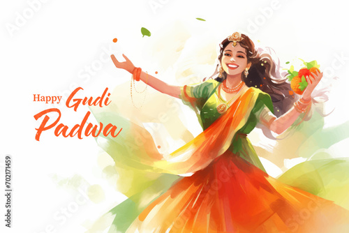 Happy Gudi Padwa greeting card. Indian woman in traditional indian dress with flowers.
